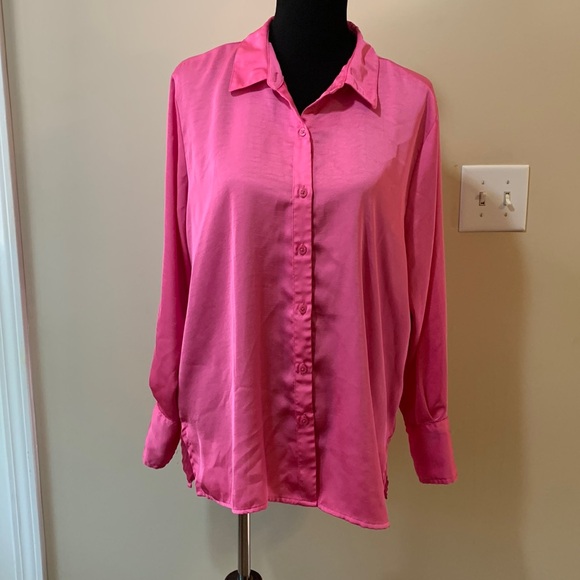 a new day Tops - EUC Women’s Bright Pink Silky Long Sleeved Button Down Top